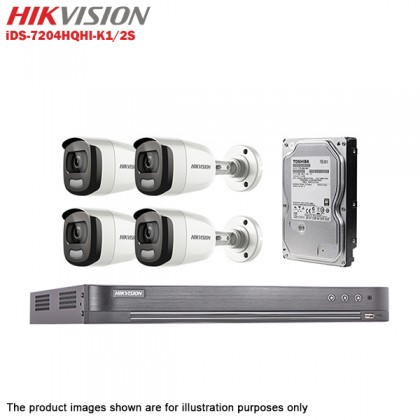 Hikvision ColorVu 1080p iDS-7204HQHI-K1/2S 4 Channel CCTV Turbo HD DVR + DS-2CE10DFT-F 2MP 1080P Full Time Color Bullet Outdoor Camera x 4 + 1TB Toshiba CCTV HDD